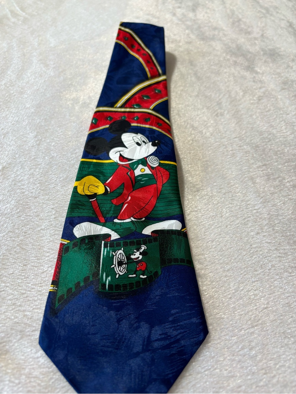 Vintage 90s Men's Novelty Mickey Mouse Navy and Red Silk Tie Steamboat Willie